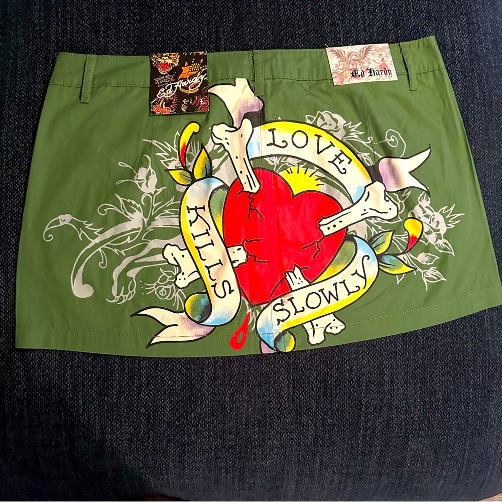 Ed Hardy Mini‎ Skirt Green Olive Gold Size Large NWT Love